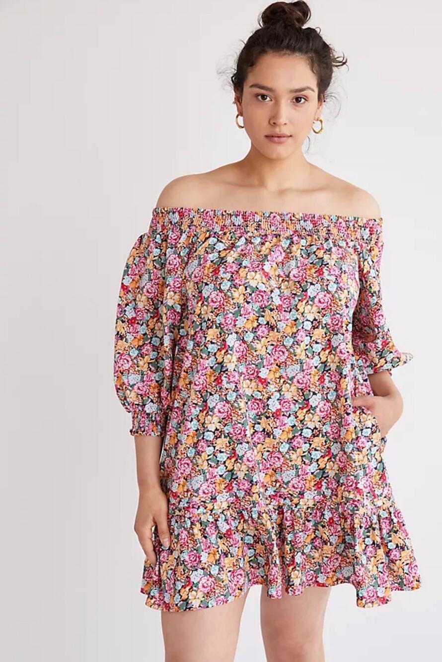 Anthropologie Maeve Flounced Off-The-Shoulder Mini Dress with a floral print